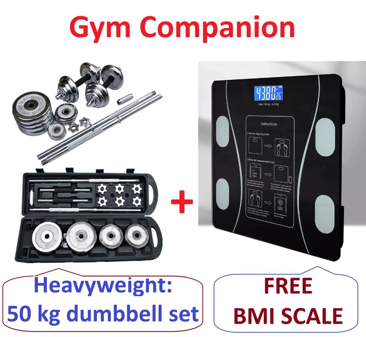 All In one Adjustable Barbell and Dumbbell Set 50 Kg Plus  FREE Battery Powered Weight Scale|Body Weight Scale Electronic Weighing Scale Digital Scales