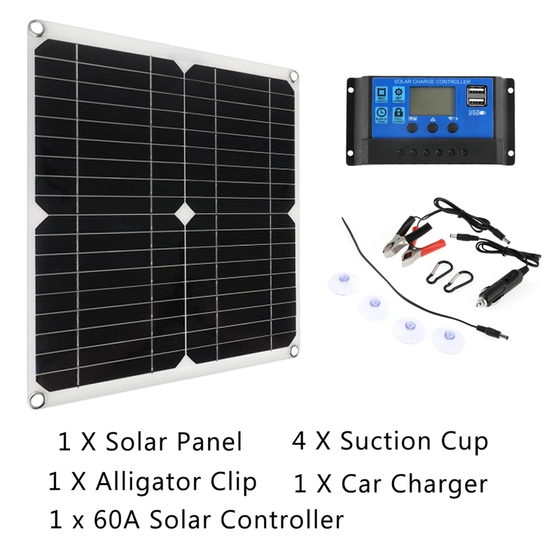 1PC DC 12V-18V Solar Panel Kit With 60A Controller & 5V USB Solar Charger For Power Bank Camping Car Boat RV
