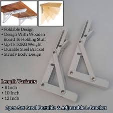 8-Inch Space Saving Foldable Shelf Bracket White - Heavy Duty Metal Collapsible Wall Mount Floating Table Brackets, Triangular Folding Shelf Support Hinge for Room, Office, RV, Garage (2 PCS/Set)
