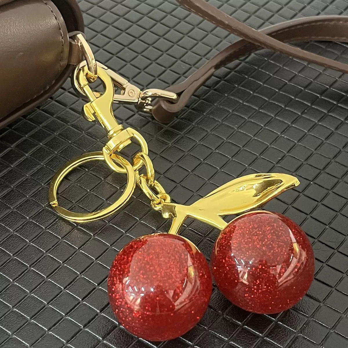 Cute Glitter Cherry Keychain Luxury Bag Charm Pendant Car Keyholder Keyring Aesthetic Women Handbag Backpack Accessories Girls Gift Fashion Key Ring Chain Holder Decoration Ornament Mini Purse       .