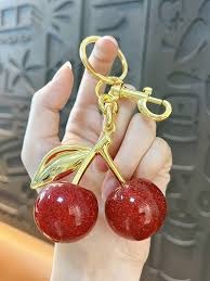 Cute Glitter Cherry Keychain Luxury Bag Charm Pendant Car Keyholder Keyring Aesthetic Women Handbag Backpack Accessories Girls Gift Fashion Key Ring Chain Holder Decoration Ornament Mini Purse       .