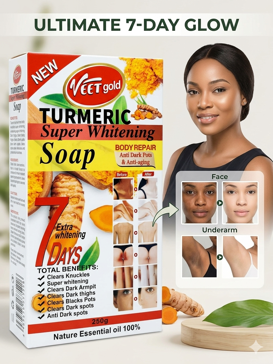 Buy 1 Get 1 Free Original Veet Gold Turmeric Super Whitening Soap 250g + Roushun Face Serum 30ml 2-in-1 Skin Care Set Kit | Clear Dark Knuckles, Underarms, Acne Spots, Hyperpigmentation & Anti-Aging .