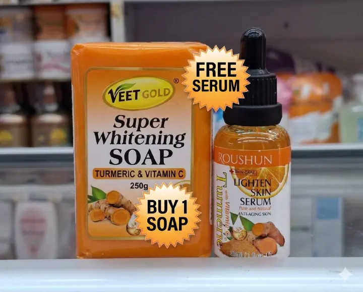 Buy 1 Get 1 Free Original Veet Gold Turmeric Super Whitening Soap 250g + Roushun Face Serum 30ml 2-in-1 Skin Care Set Kit | Clear Dark Knuckles, Underarms, Acne Spots, Hyperpigmentation & Anti-Aging .