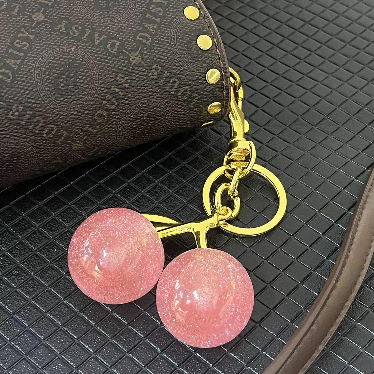 Cute Glitter Cherry Keychain Luxury Bag Charm Pendant Car Keyholder Keyring Aesthetic Women Handbag Backpack Accessories Girls Gift Fashion Key Ring Chain Holder Decoration Ornament Mini Purse       .