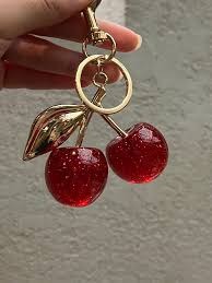 Cute Glitter Cherry Keychain Luxury Bag Charm Pendant Car Keyholder Keyring Aesthetic Women Handbag Backpack Accessories Girls Gift Fashion Key Ring Chain Holder Decoration Ornament Mini Purse       .