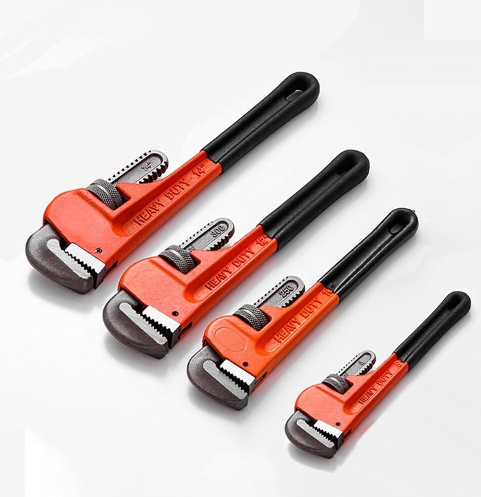 Heavy duty adjustable pipe wrench made of industrial premium carbon steel. Features serrated anti-slip jaw teeth for plumbing, valves, and gas pipes.