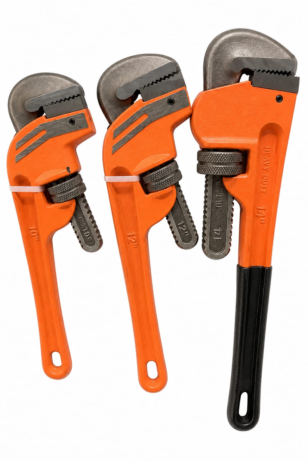 Heavy duty adjustable pipe wrench made of industrial premium carbon steel. Features serrated anti-slip jaw teeth for plumbing, valves, and gas pipes.