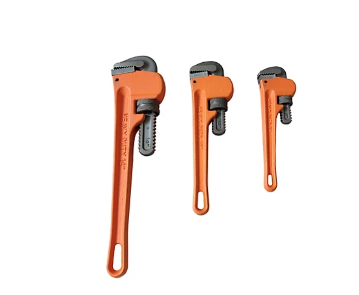 Heavy duty adjustable pipe wrench made of industrial premium carbon steel. Features serrated anti-slip jaw teeth for plumbing, valves, and gas pipes.