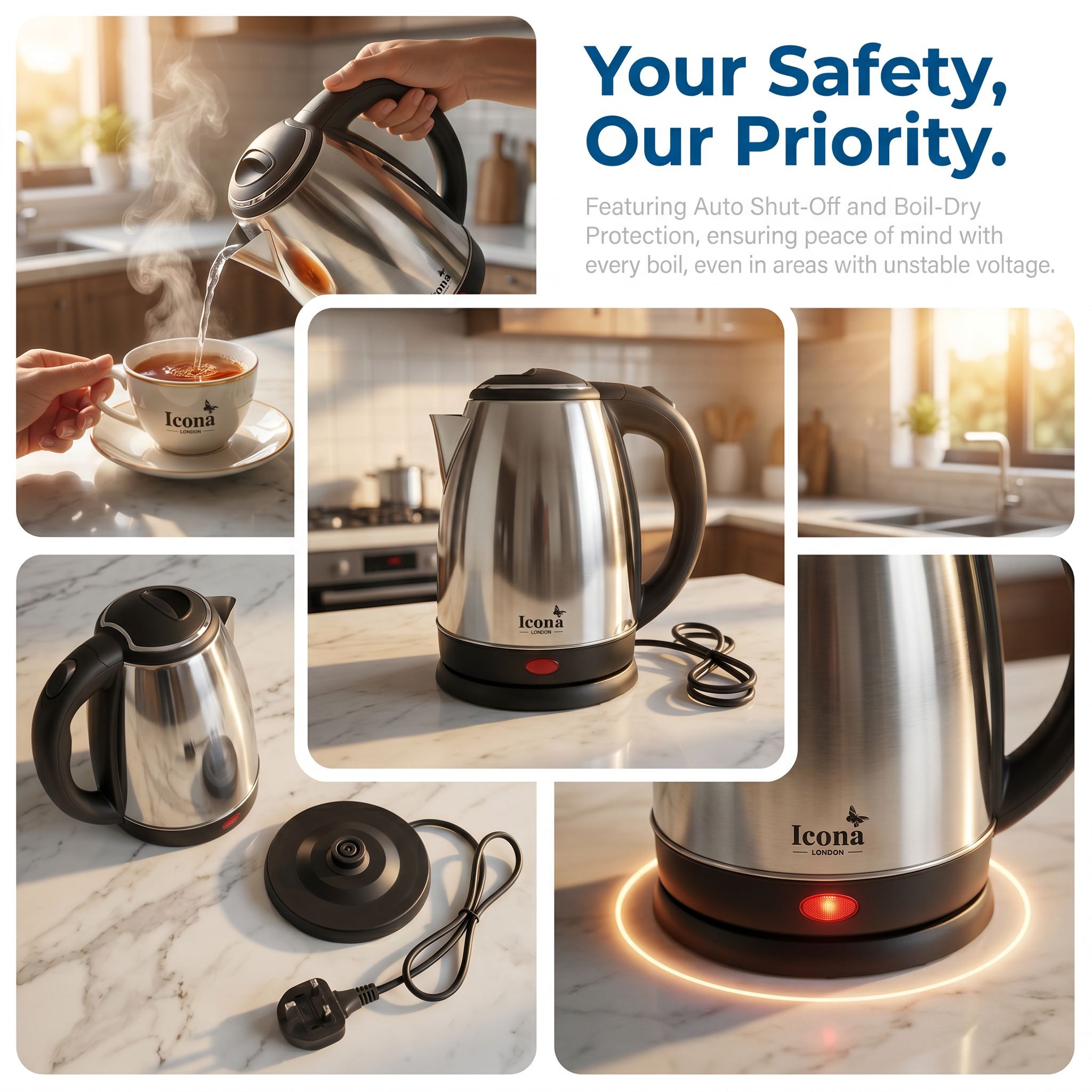 Icona London 2L 1500W Electric Kettle Energy Efficient Heater Jug Cordless Stainless Steel Water Boiler with Auto Shut-Off & Boil-Dry Protection Built for Kenyan Homes