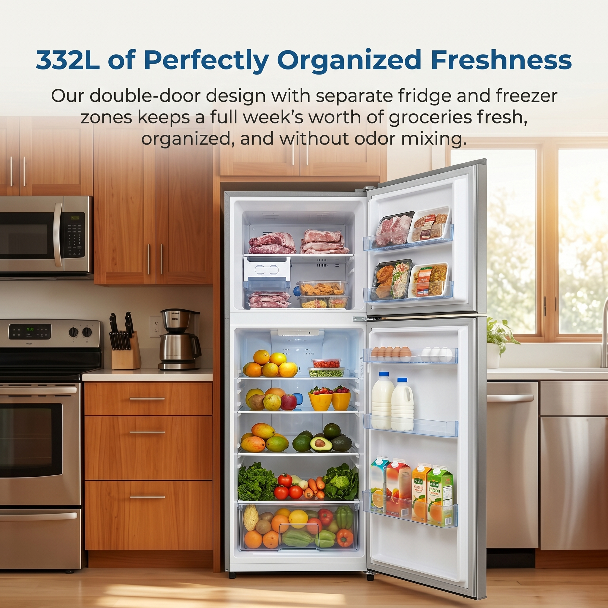 Icona London 332L Double Door Fridge No Frost Refrigerator with Top Freezer 2 Door Large Capacity Multi-Airflow System Fast Cooling Energy Saving Home Kitchen Appliance 1 Year Warranty