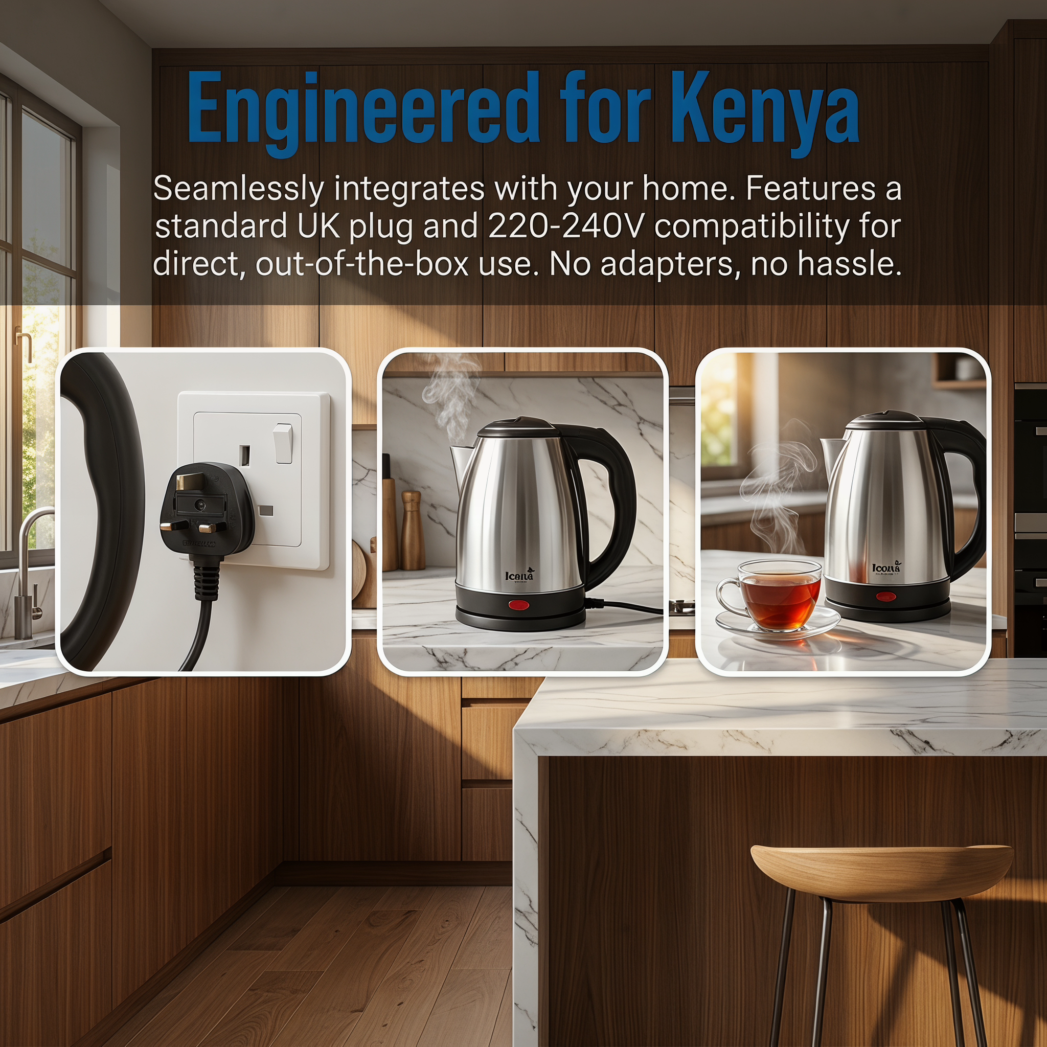 Icona London 2L 1500W Electric Kettle Energy Efficient Heater Jug Cordless Stainless Steel Water Boiler with Auto Shut-Off & Boil-Dry Protection Built for Kenyan Homes