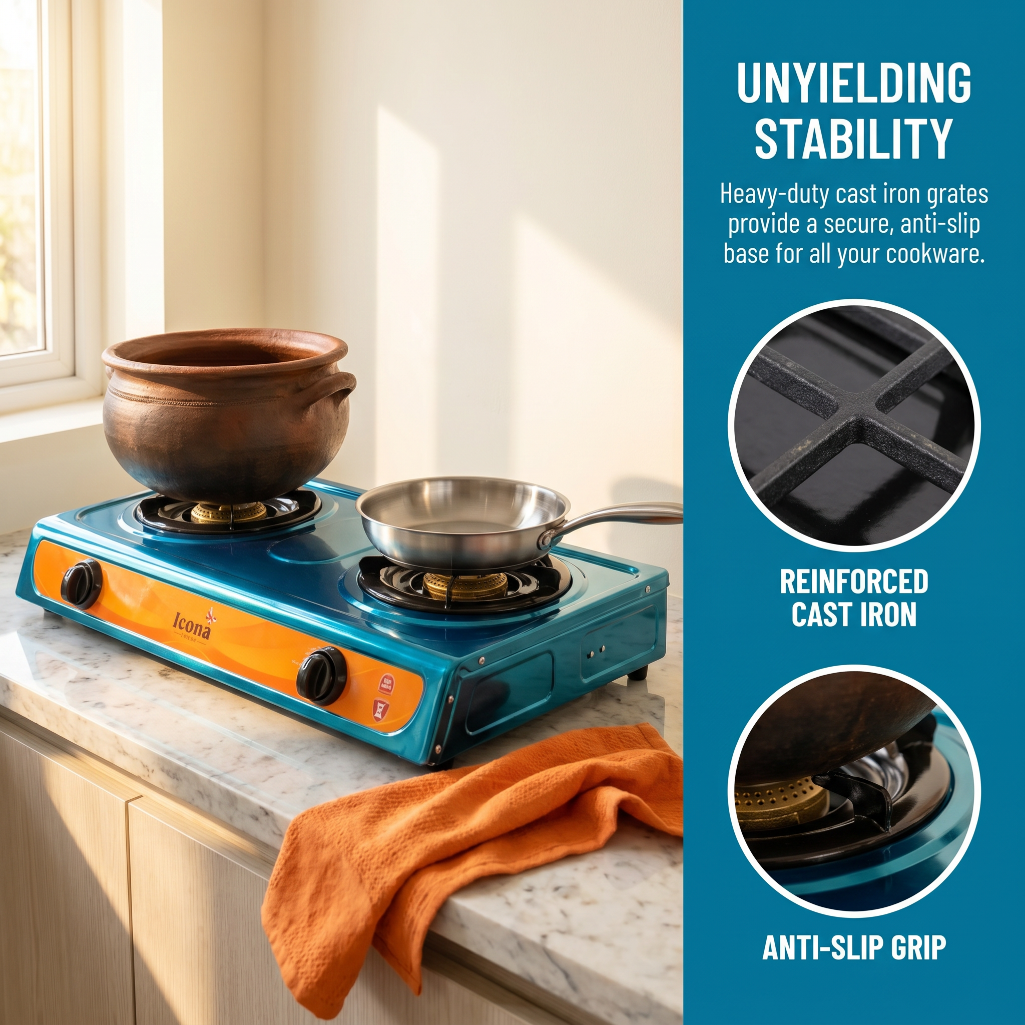 Icona London Thickened Stainless Steel Gas Cooktop / Tabletop Dual Burner / Heavy Duty Cooktop / Low Gas Consumption / Energy Saving / One-Year Warranty (ILGS-206)