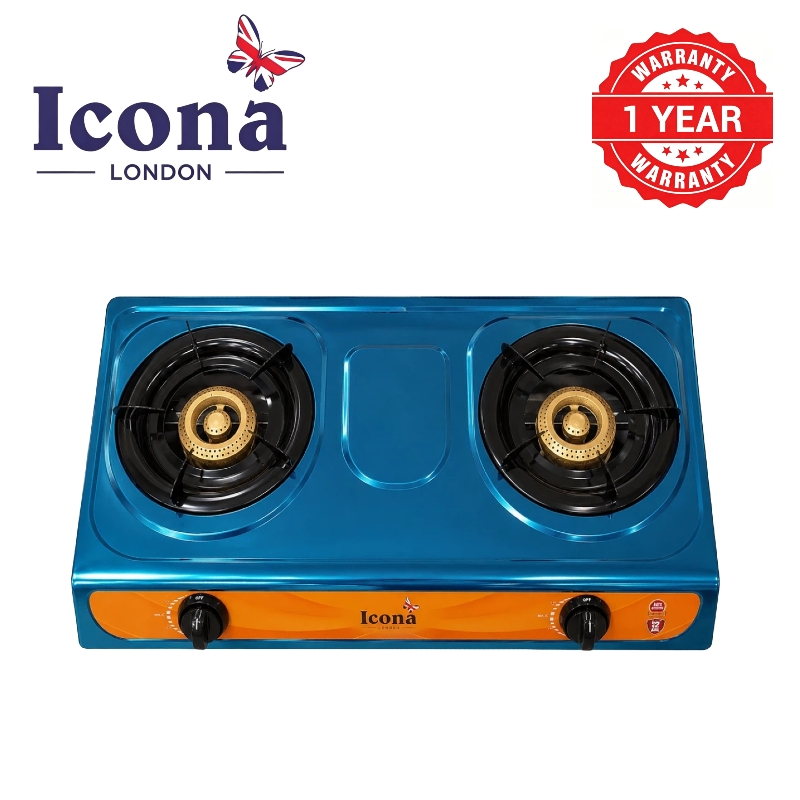Icona London Thickened Stainless Steel Gas Cooktop / Tabletop Dual Burner / Heavy Duty Cooktop / Low Gas Consumption / Energy Saving / One-Year Warranty (ILGS-206)