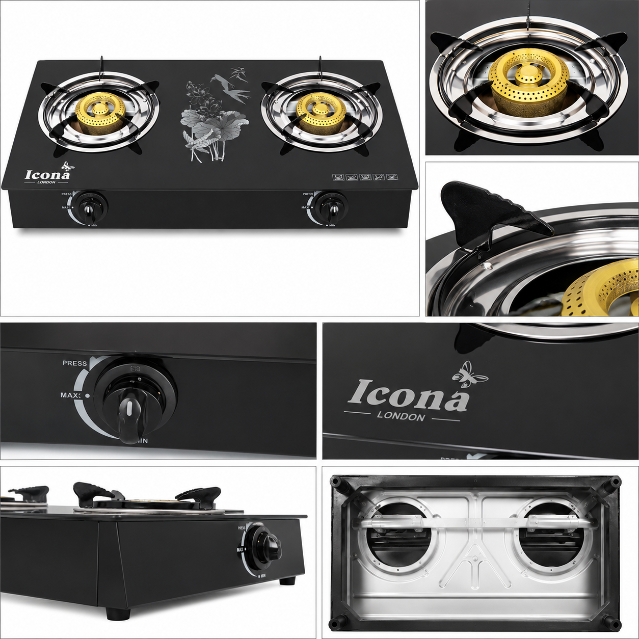 Icona London 2 Burner Glass Top Gas Cooker Table Top Auto Ignition Double Burner Gas Stove with 1 Year Warranty High Efficiency Blue Flame Cooktop（ILGSG-201）