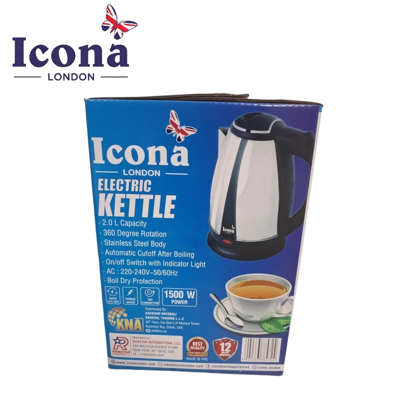 Icona London 2L 1500W Electric Kettle Energy Efficient Heater Jug Cordless Stainless Steel Water Boiler with Auto Shut-Off & Boil-Dry Protection Built for Kenyan Homes