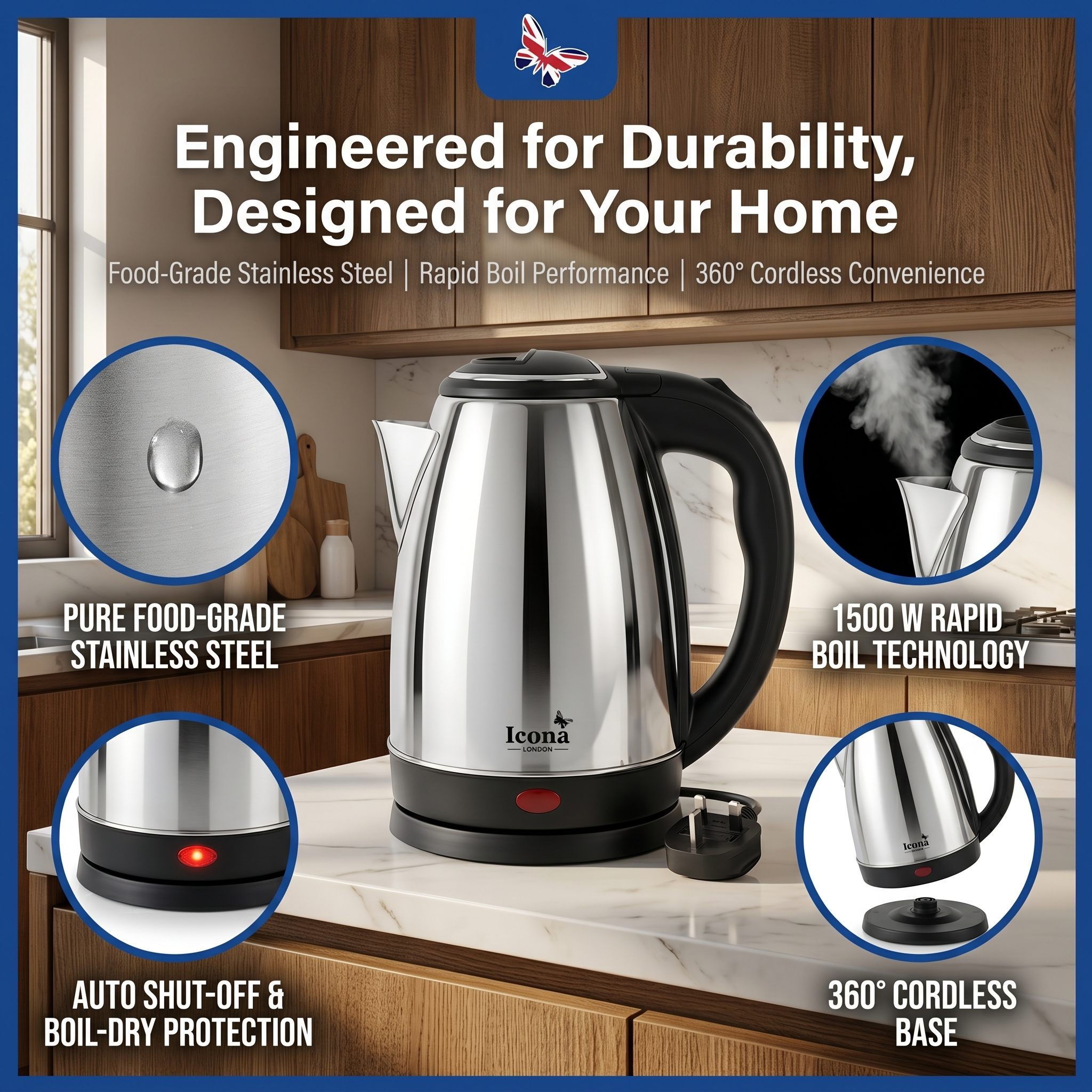 Icona London 2L 1500W Electric Kettle Energy Efficient Heater Jug Cordless Stainless Steel Water Boiler with Auto Shut-Off & Boil-Dry Protection Built for Kenyan Homes
