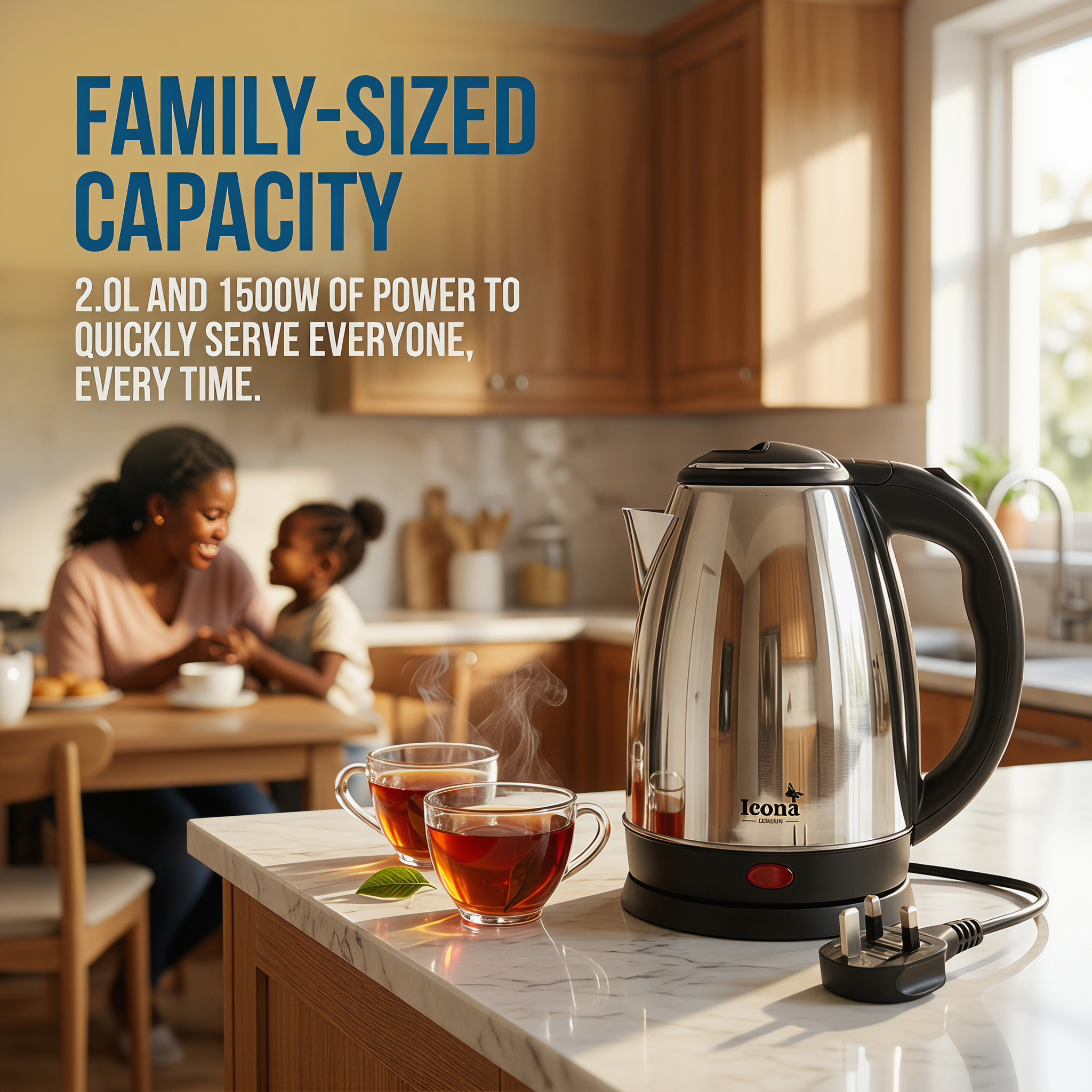 Icona London 2L 1500W Electric Kettle Energy Efficient Heater Jug Cordless Stainless Steel Water Boiler with Auto Shut-Off & Boil-Dry Protection Built for Kenyan Homes