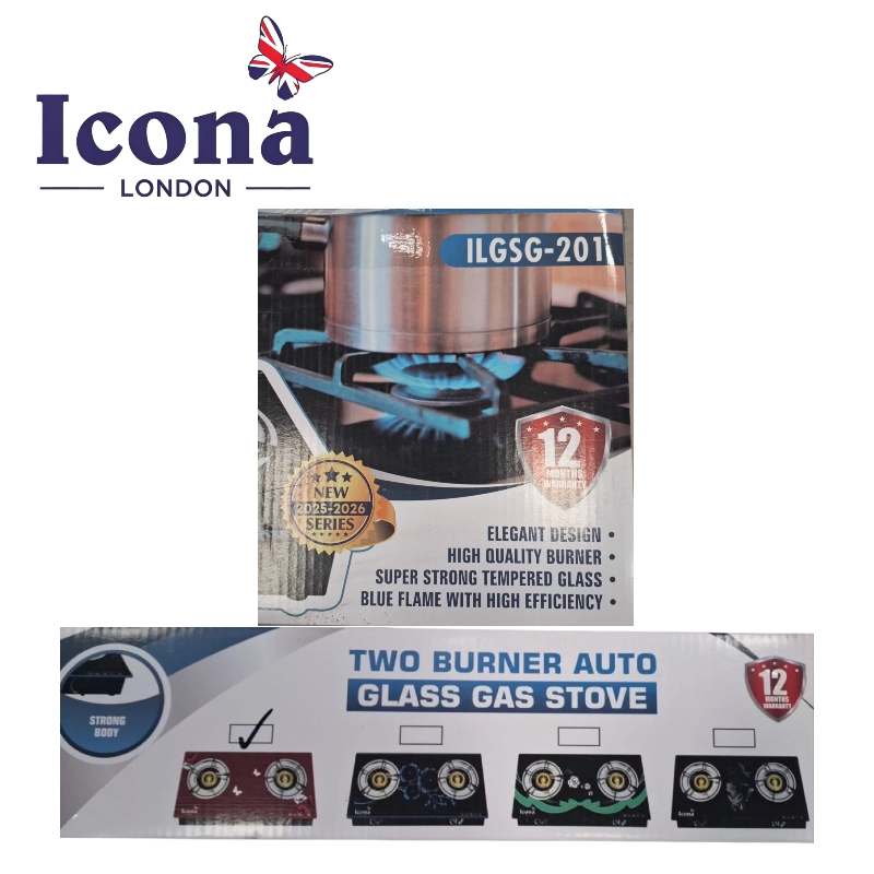 Icona London 2 Burner Glass Top Gas Cooker Table Top Auto Ignition Double Burner Gas Stove with 1 Year Warranty High Efficiency Blue Flame Cooktop（ILGSG-201）