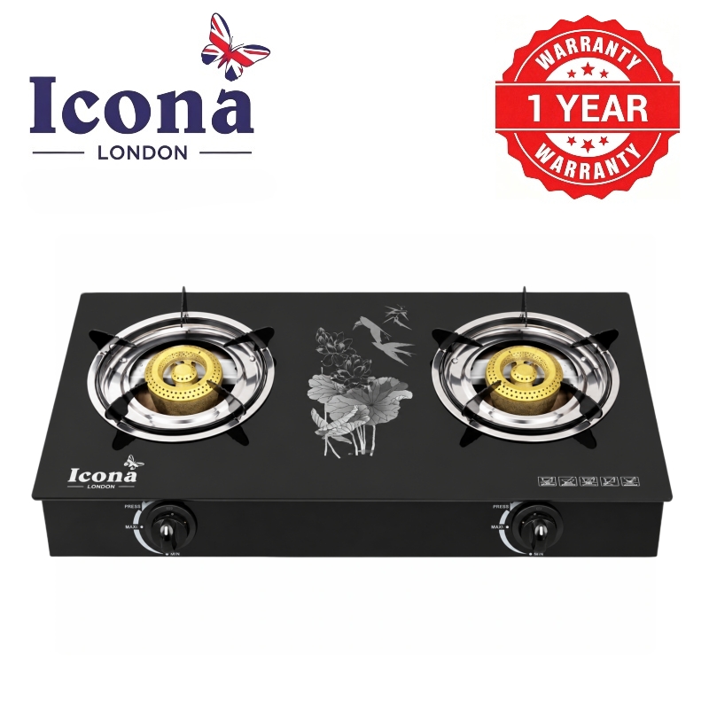 Icona London 2 Burner Glass Top Gas Cooker Table Top Auto Ignition Double Burner Gas Stove with 1 Year Warranty High Efficiency Blue Flame Cooktop（ILGSG-201）