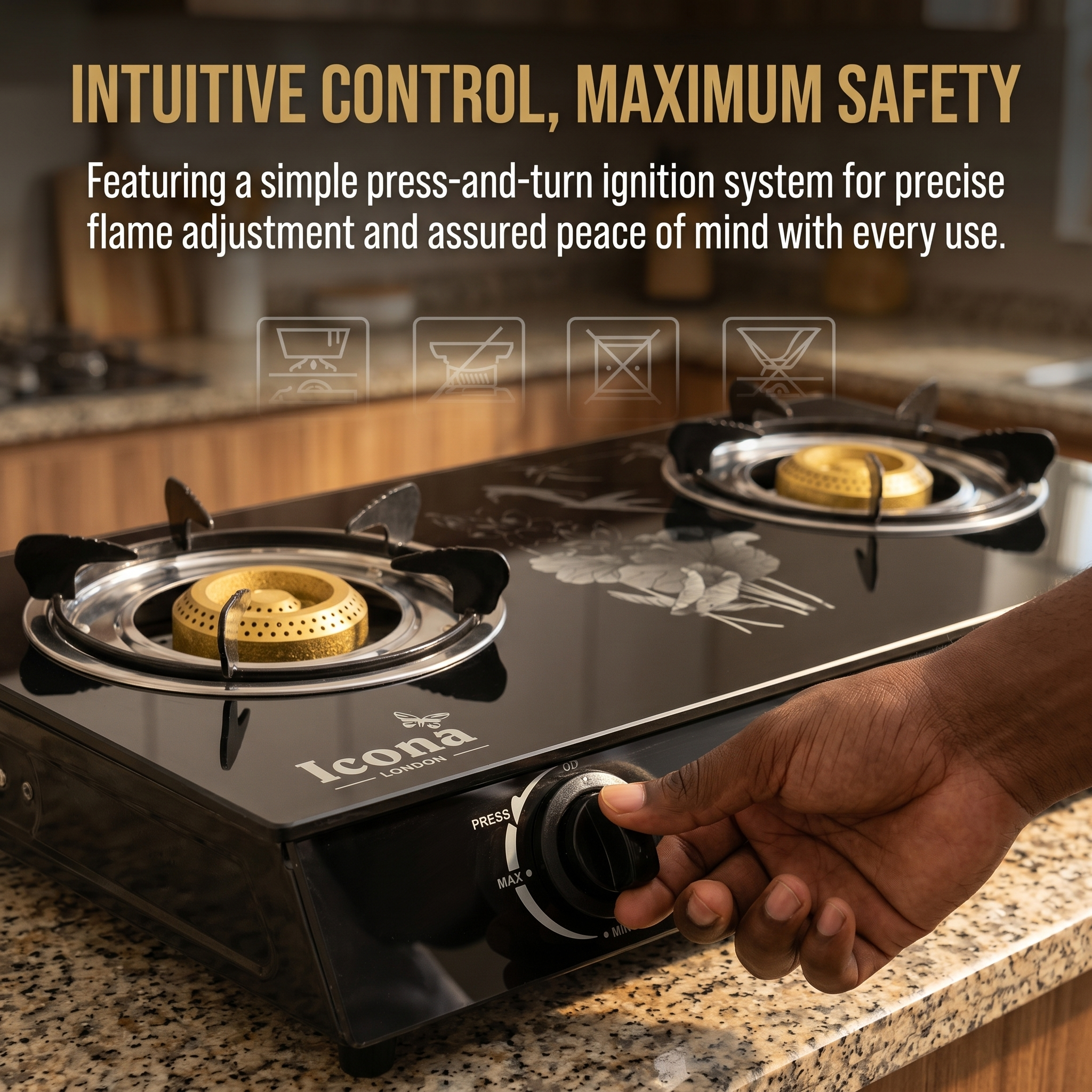 Icona London 2 Burner Glass Top Gas Cooker Table Top Auto Ignition Double Burner Gas Stove with 1 Year Warranty High Efficiency Blue Flame Cooktop（ILGSG-201）