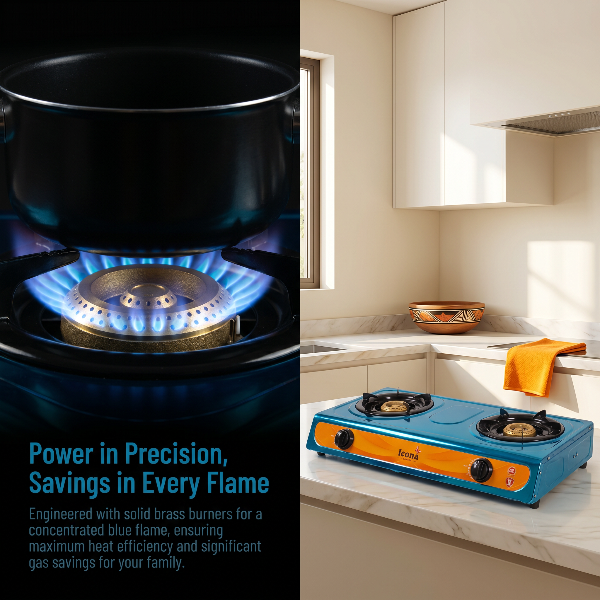 Icona London Thickened Stainless Steel Gas Cooktop / Tabletop Dual Burner / Heavy Duty Cooktop / Low Gas Consumption / Energy Saving / One-Year Warranty (ILGS-206)