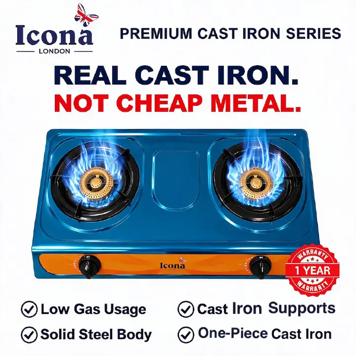 Icona London Thickened Stainless Steel Gas Cooktop / Tabletop Dual Burner / Heavy Duty Cooktop / Low Gas Consumption / Energy Saving / One-Year Warranty (ILGS-206)