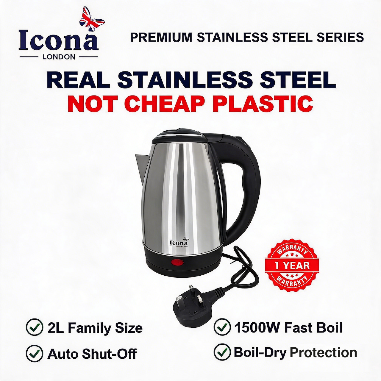 Icona London 2L 1500W Electric Kettle Energy Efficient Heater Jug Cordless Stainless Steel Water Boiler with Auto Shut-Off & Boil-Dry Protection Built for Kenyan Homes