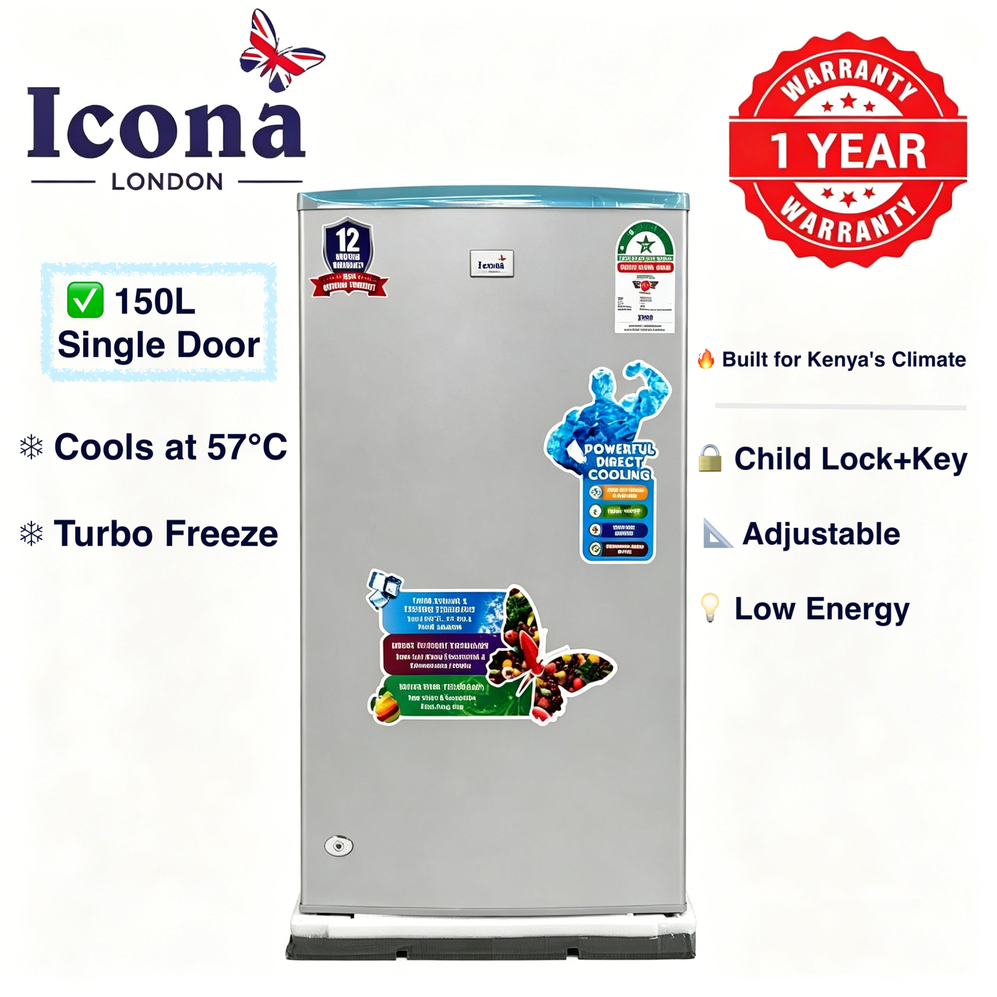 Icona London 150L Single Door Fridge Refrigerator Single Door Compact Household Refrigerator with Built-in Mini Freezer Lock and Keys Energy Saving CFC-Free Refrigerant 1 Year Warranty