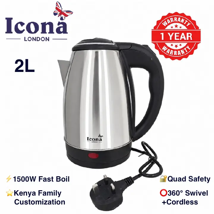 Icona London 2L 1500W Electric Kettle — Cordless Stainless Steel Water Boiler with 360° Swivel Base, Auto Shut-Off & Boil-Dry Protection, Built for Kenyan Homes