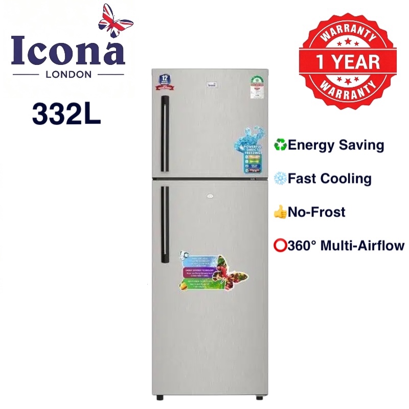 Icona London 332L Double Door Fridge No Frost Refrigerator with Top Freezer 2 Door Large Capacity Multi-Airflow System Fast Cooling Energy Saving Home Kitchen Appliance 1 Year Warranty