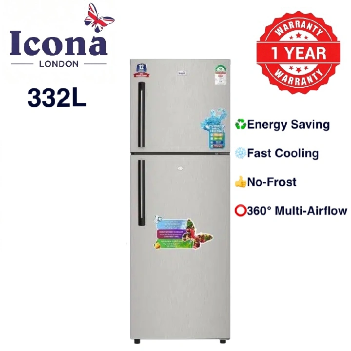 Icona London 332L Double Door Fridge No Frost Refrigerator with Top Freezer 2 Door Large Capacity Multi-Airflow System Fast Cooling Energy Saving Home Kitchen Appliance 1 Year Warranty