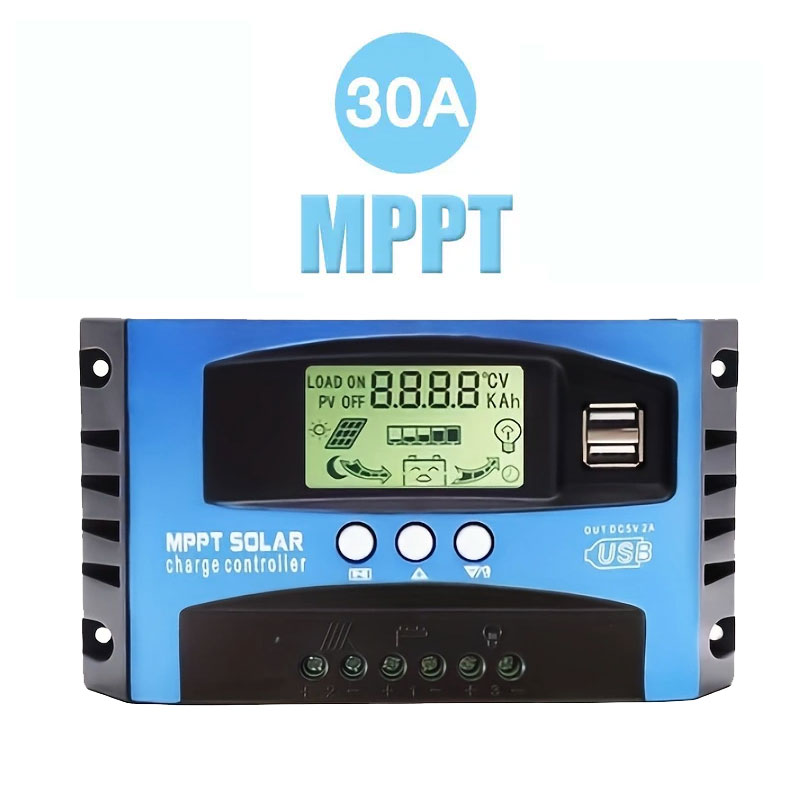1PC Blue MPPT Solar Charge Controller, 30A/60A/100A, 12V/24V Auto Compatible, LCD Display & Dual USB, With Load Terminal for RV Camping Solar Panel