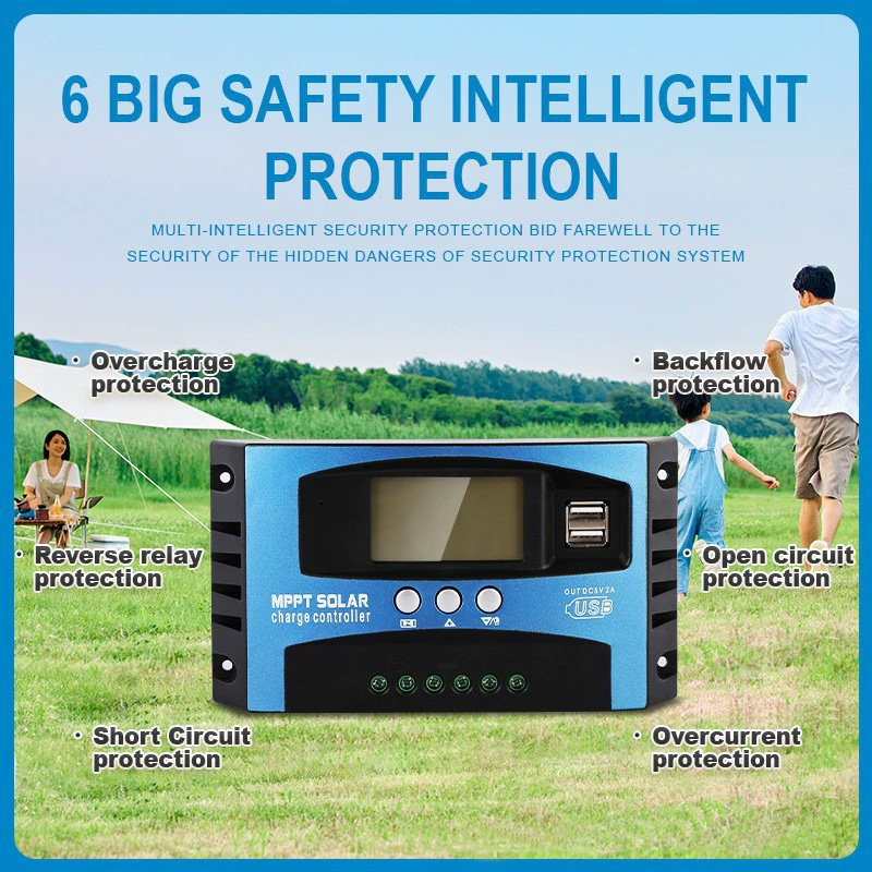 1PC Blue MPPT Solar Charge Controller, 30A/60A/100A, 12V/24V Auto Compatible, LCD Display & Dual USB, With Load Terminal for RV Camping Solar Panel