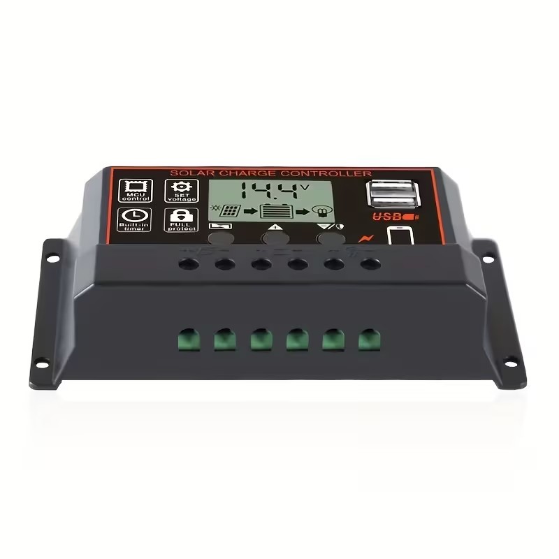 Black PWM Solar Charging Controller, Adjustable LCD Display, Dual USB Ports & Timing Function, 12V/24V Auto Adapt Solar Panel Regulator