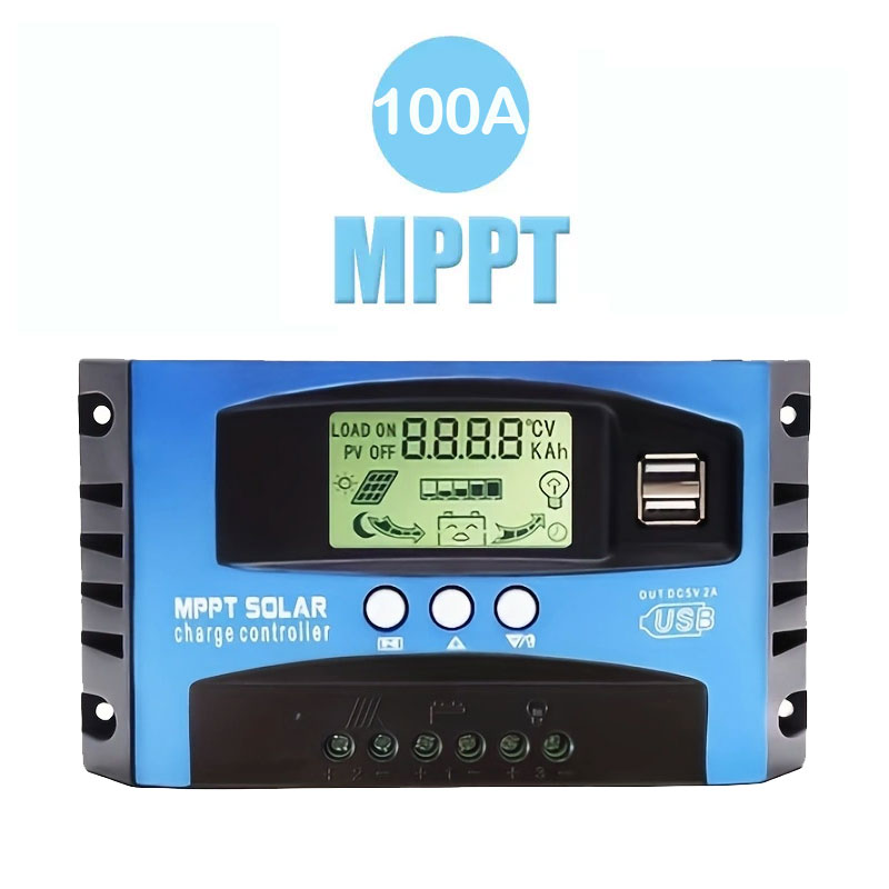 1PC Blue MPPT Solar Charge Controller, 30A/60A/100A, 12V/24V Auto Compatible, LCD Display & Dual USB, With Load Terminal for RV Camping Solar Panel