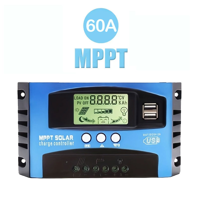 1PC Blue MPPT Solar Charge Controller, 30A/60A/100A, 12V/24V Auto Compatible, LCD Display & Dual USB, With Load Terminal for RV Camping Solar Panel