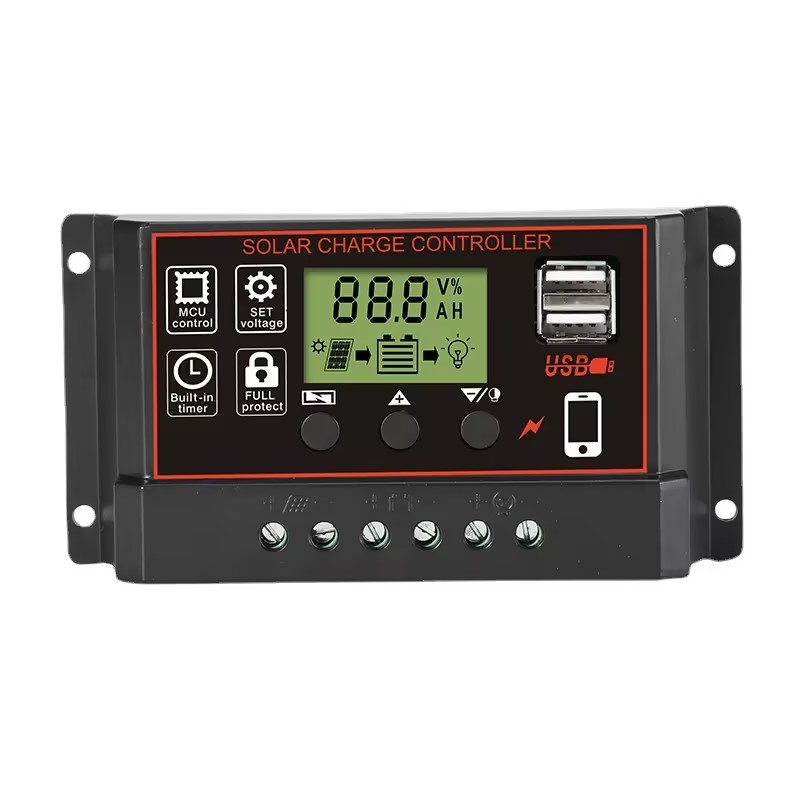 Black PWM Solar Charging Controller, Adjustable LCD Display, Dual USB Ports & Timing Function, 12V/24V Auto Adapt Solar Panel Regulator