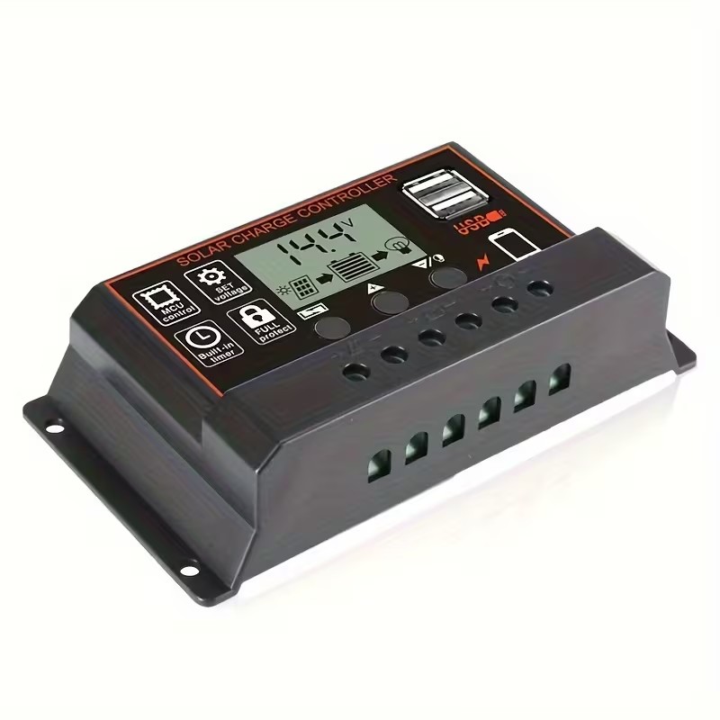 Black PWM Solar Charging Controller, Adjustable LCD Display, Dual USB Ports & Timing Function, 12V/24V Auto Adapt Solar Panel Regulator