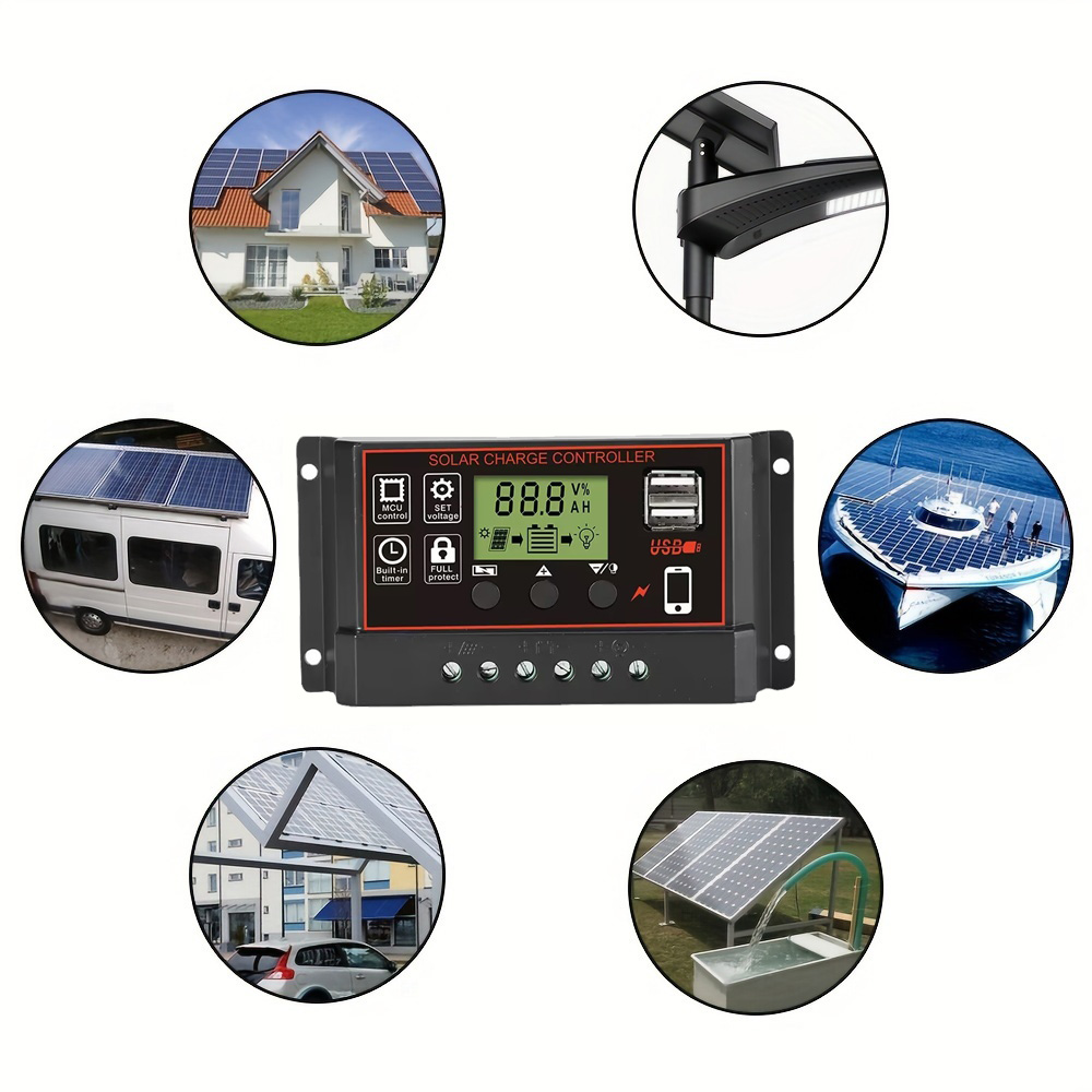 Black PWM Solar Charging Controller, Adjustable LCD Display, Dual USB Ports & Timing Function, 12V/24V Auto Adapt Solar Panel Regulator