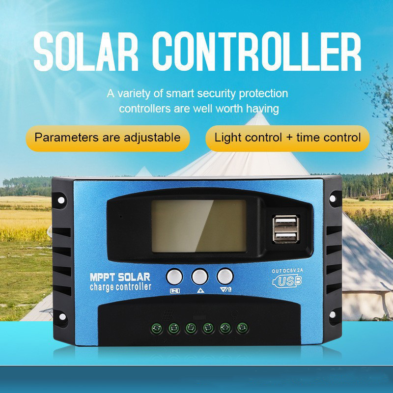 1PC Blue MPPT Solar Charge Controller, 30A/60A/100A, 12V/24V Auto Compatible, LCD Display & Dual USB, With Load Terminal for RV Camping Solar Panel