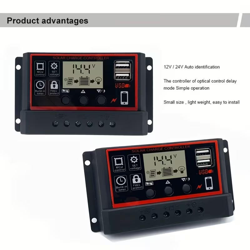 Black PWM Solar Charging Controller, Adjustable LCD Display, Dual USB Ports & Timing Function, 12V/24V Auto Adapt Solar Panel Regulator