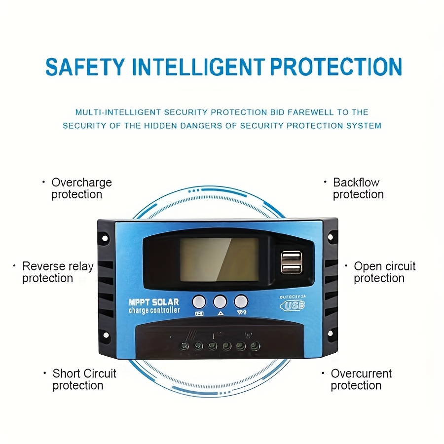 1PC Blue MPPT Solar Charge Controller, 30A/60A/100A, 12V/24V Auto Compatible, LCD Display & Dual USB, With Load Terminal for RV Camping Solar Panel