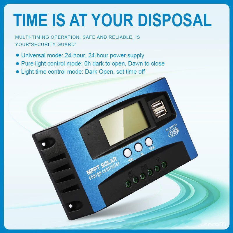1PC Blue MPPT Solar Charge Controller, 30A/60A/100A, 12V/24V Auto Compatible, LCD Display & Dual USB, With Load Terminal for RV Camping Solar Panel