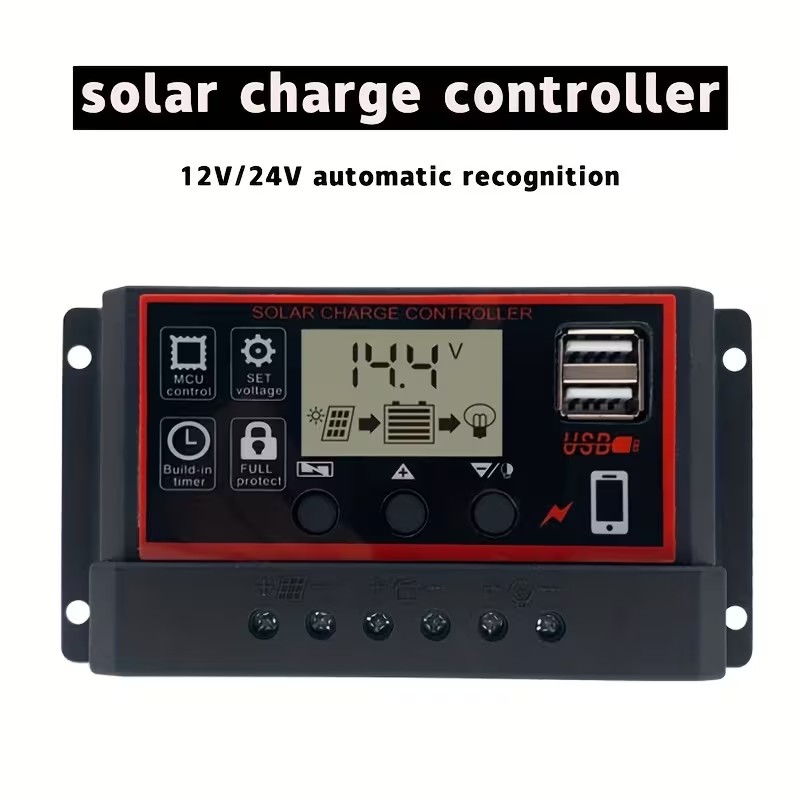 Black PWM Solar Charging Controller, Adjustable LCD Display, Dual USB Ports & Timing Function, 12V/24V Auto Adapt Solar Panel Regulator