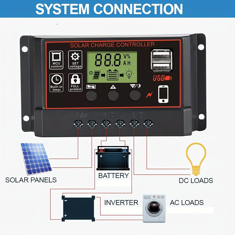 Black PWM Solar Charging Controller, Adjustable LCD Display, Dual USB Ports & Timing Function, 12V/24V Auto Adapt Solar Panel Regulator