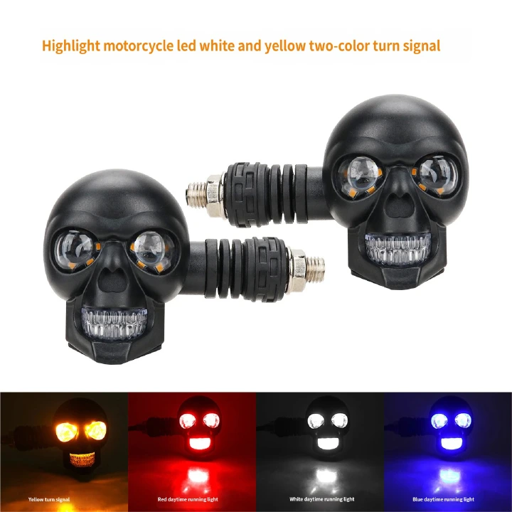 12V Dual Color LED Motorcycle Skull Turn Signal Light Universal Motorbike Modified Auxiliary Indicator Lamp
