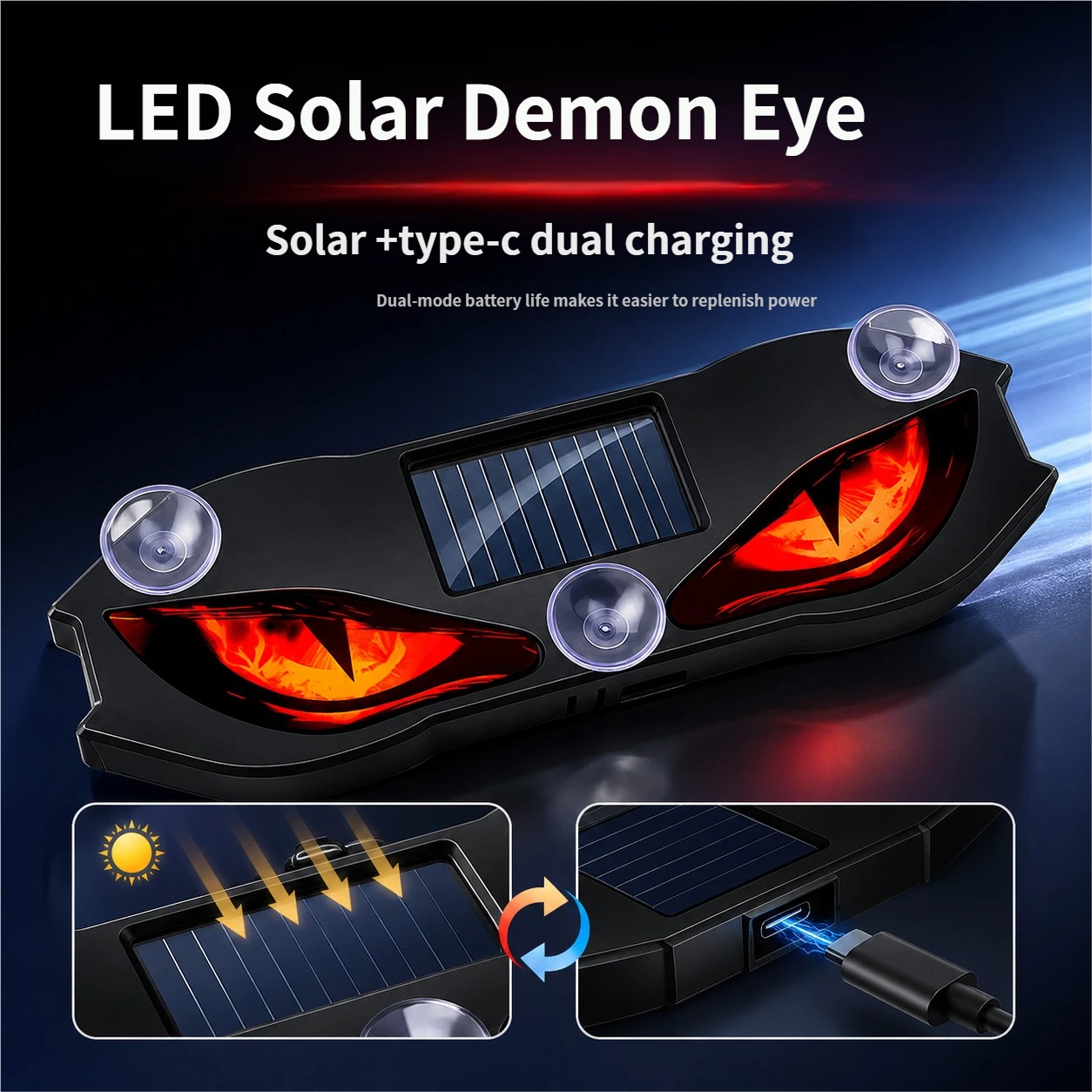Solar Powered Demon Eye Car Window Light LED Dynamic Expression Atmosphere Light Wireless Car Warning Sticker Lamp