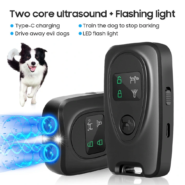 Dual Core Ultrasonic Stray Dog Repeller with LCD Display & LED Flashlight, Rechargeable Anti-Bite Self Defense Tool, Stop Dog Barking Pet Trainer for Night Walking Jogging