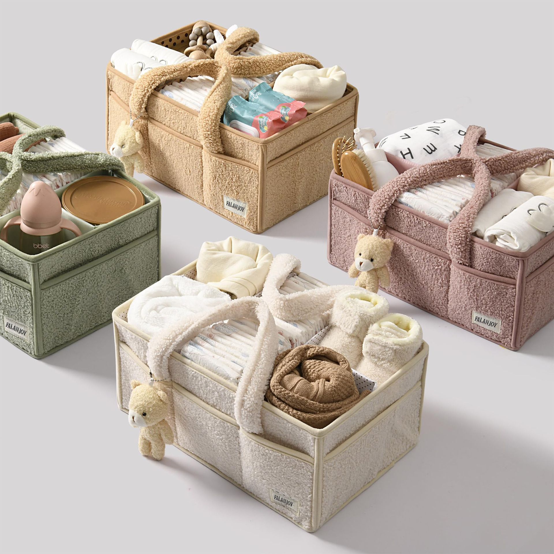 Teddy Plush Diaper Bag Portable Hand‑held Mommy Bag Foldable Multi‑Compartment Baby Diaper Storage Organizer Tote