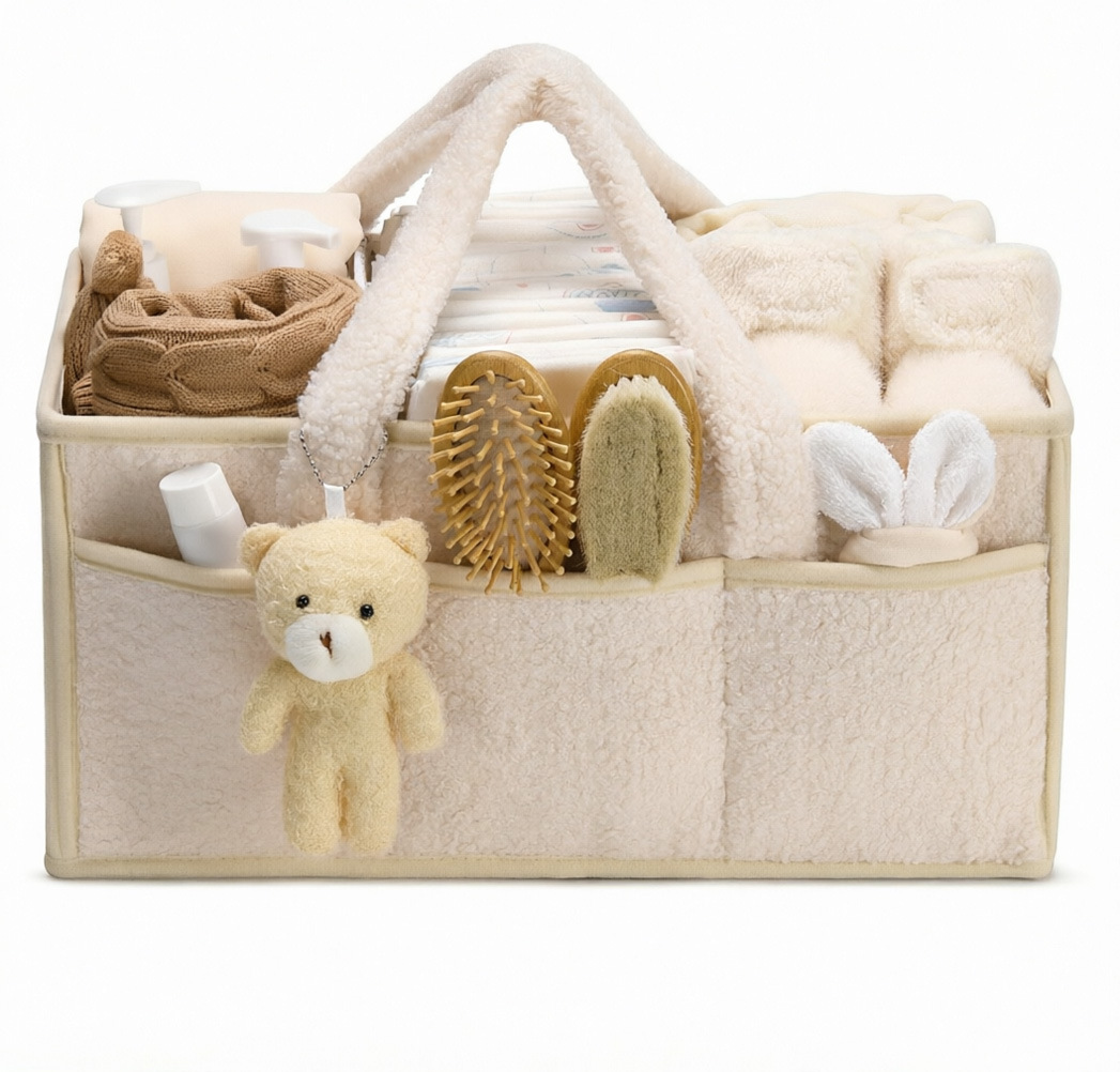 Teddy Plush Diaper Bag Portable Hand‑held Mommy Bag Foldable Multi‑Compartment Baby Diaper Storage Organizer Tote